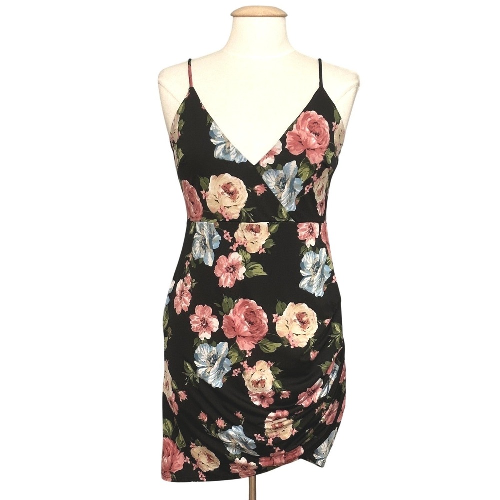 Y2K Charlotte Russe Women Dress L Black Floral Ruched Bodycon Coquette Going Out